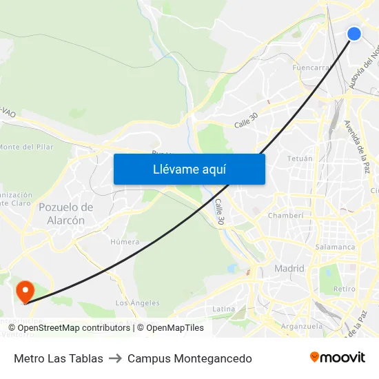 Metro Las Tablas to Campus Montegancedo map