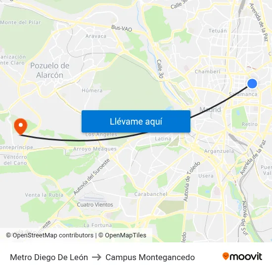 Metro Diego De León to Campus Montegancedo map