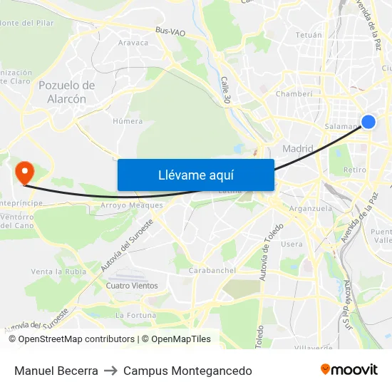 Manuel Becerra to Campus Montegancedo map
