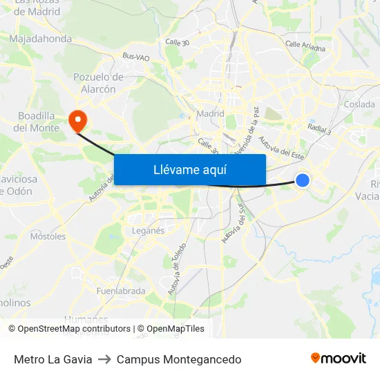 Metro La Gavia to Campus Montegancedo map