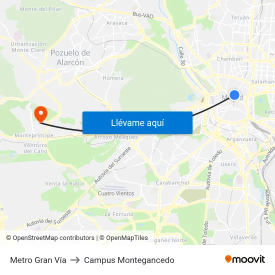 Metro Gran Vía to Campus Montegancedo map