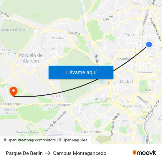 Parque De Berlín to Campus Montegancedo map