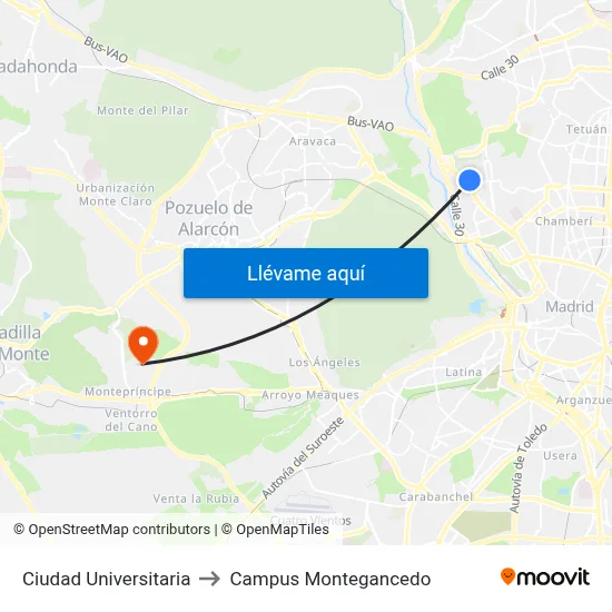 Ciudad Universitaria to Campus Montegancedo map