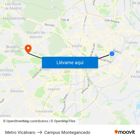 Metro Vicálvaro to Campus Montegancedo map