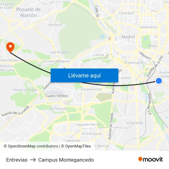 Entrevías to Campus Montegancedo map