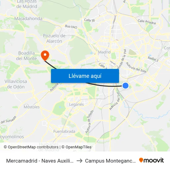 Mercamadrid - Naves Auxiliares to Campus Montegancedo map