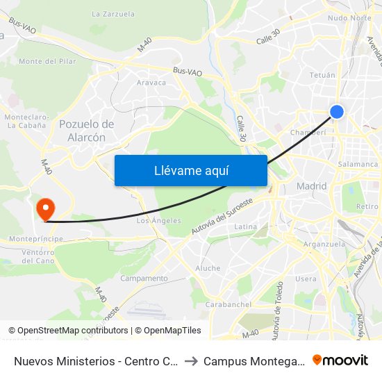 Nuevos Ministerios - Centro Comercial to Campus Montegancedo map