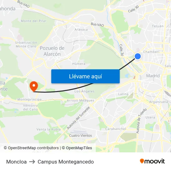 Moncloa to Campus Montegancedo map