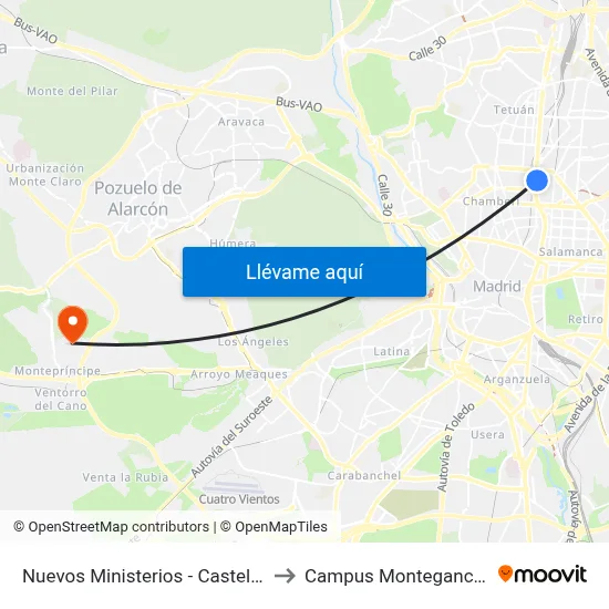 Nuevos Ministerios - Castellana to Campus Montegancedo map