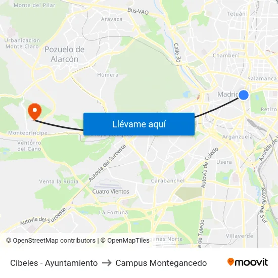 Cibeles - Ayuntamiento to Campus Montegancedo map