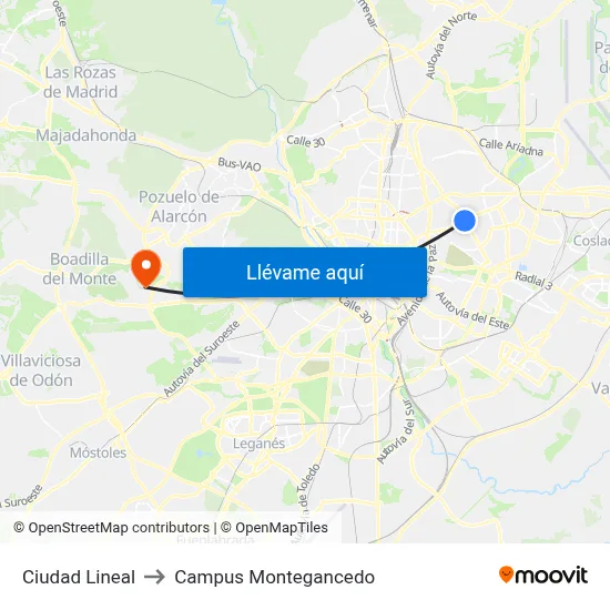Ciudad Lineal to Campus Montegancedo map