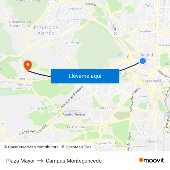 Plaza Mayor to Campus Montegancedo map