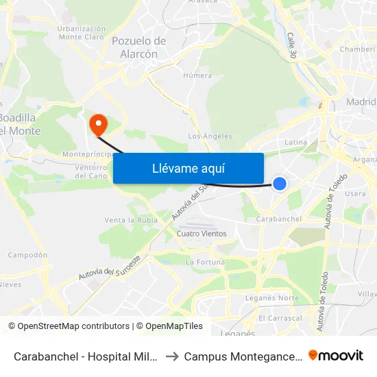 Carabanchel - Hospital Militar to Campus Montegancedo map