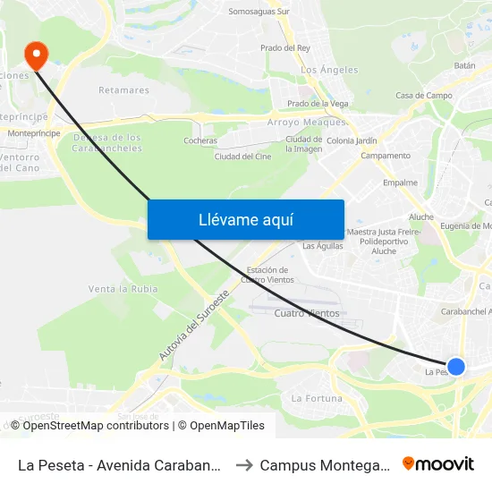 La Peseta - Avenida Carabanchel Alto to Campus Montegancedo map