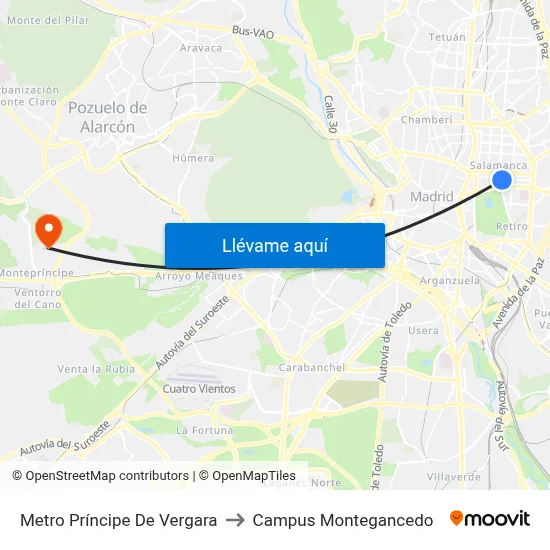 Metro Príncipe De Vergara to Campus Montegancedo map