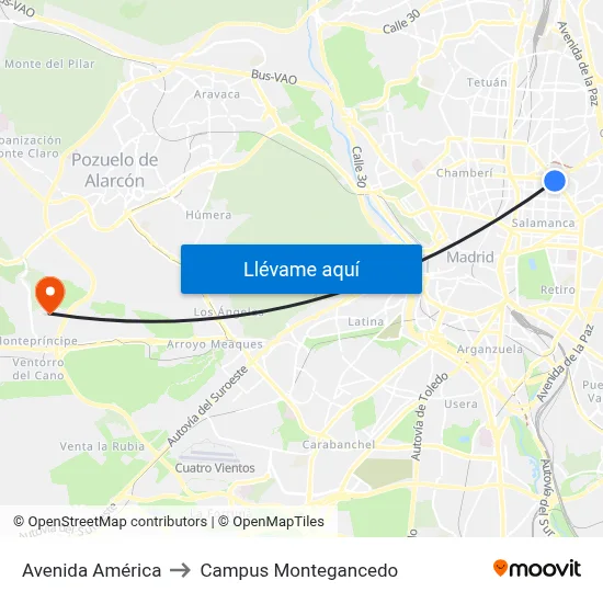 Avenida América to Campus Montegancedo map