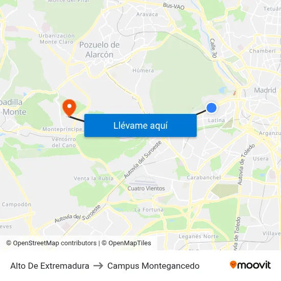 Alto De Extremadura to Campus Montegancedo map