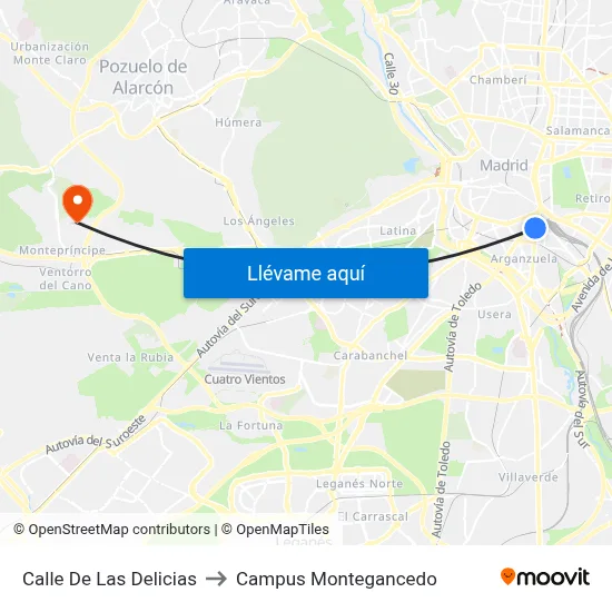 Calle De Las Delicias to Campus Montegancedo map
