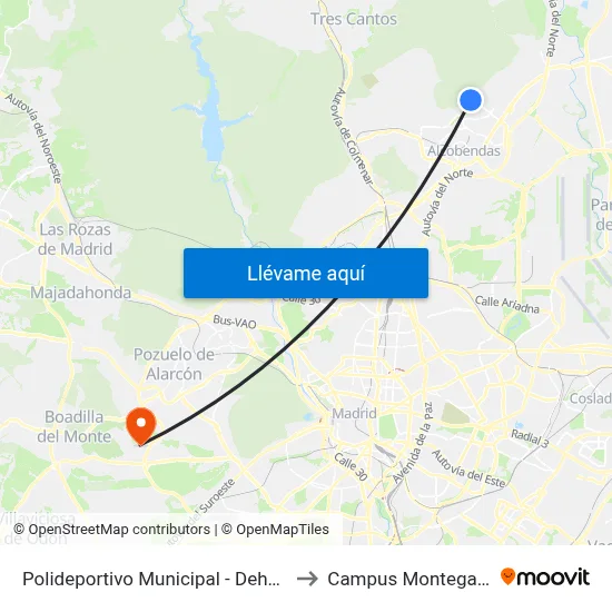 Polideportivo Municipal - Dehesa Boyal to Campus Montegancedo map