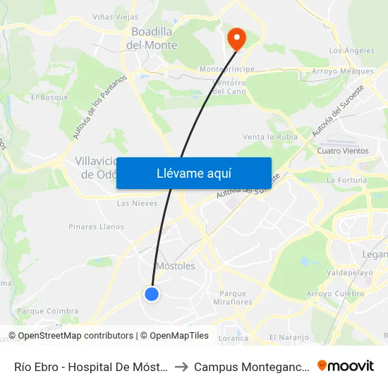 Río Ebro - Hospital De Móstoles to Campus Montegancedo map
