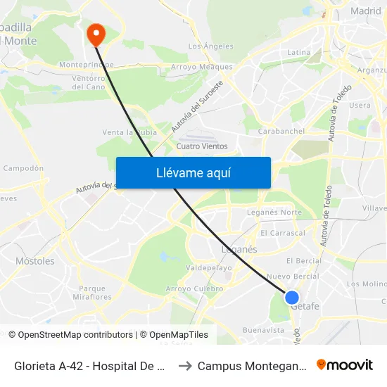 Glorieta A-42 - Hospital De Getafe to Campus Montegancedo map