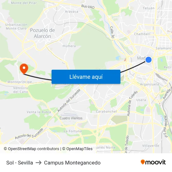 Sol - Sevilla to Campus Montegancedo map