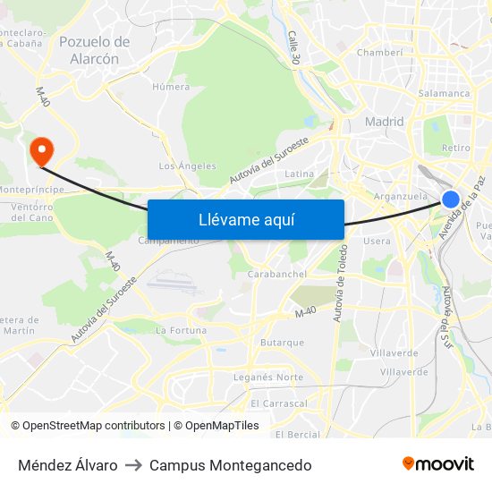 Méndez Álvaro to Campus Montegancedo map