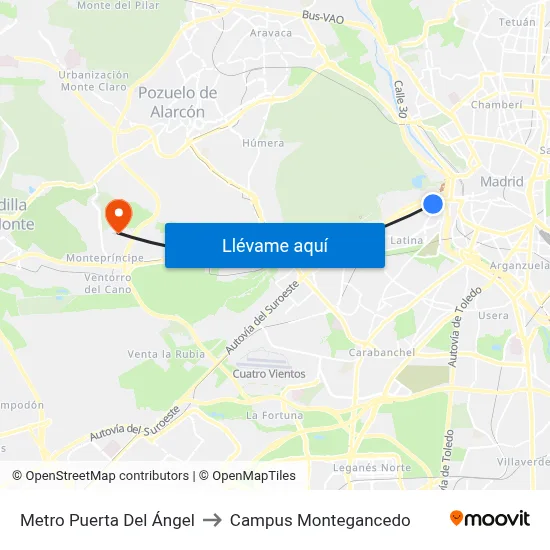 Metro Puerta Del Ángel to Campus Montegancedo map
