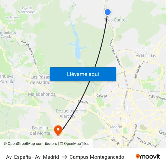 Av. España - Av. Madrid to Campus Montegancedo map