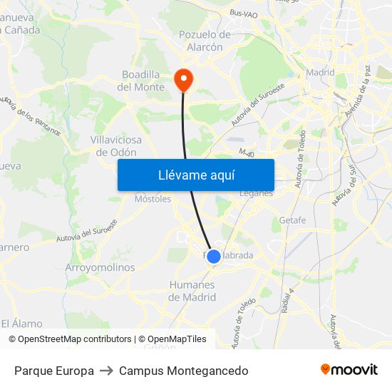 Parque Europa to Campus Montegancedo map