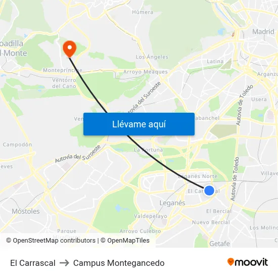 El Carrascal to Campus Montegancedo map