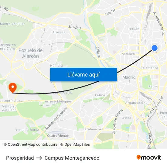 Prosperidad to Campus Montegancedo map