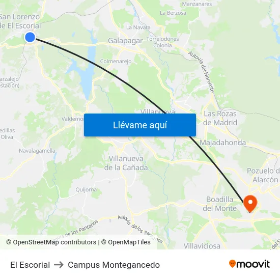 El Escorial to Campus Montegancedo map