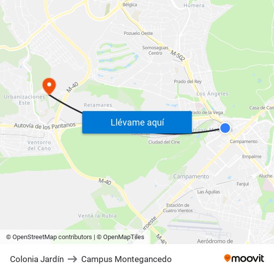 Colonia Jardín to Campus Montegancedo map