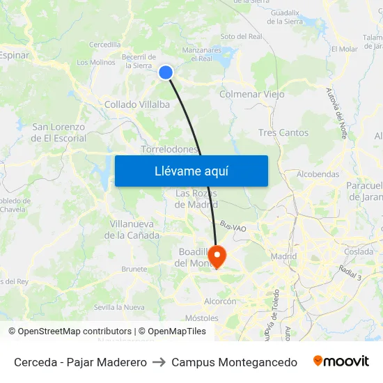 Cerceda - Pajar Maderero to Campus Montegancedo map