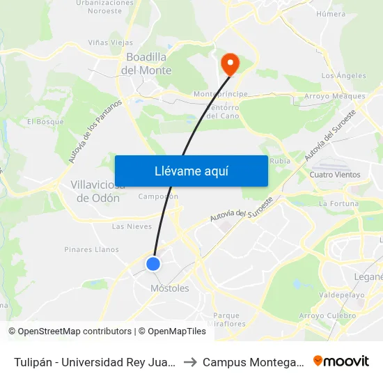 Tulipán - Universidad Rey Juan Carlos to Campus Montegancedo map