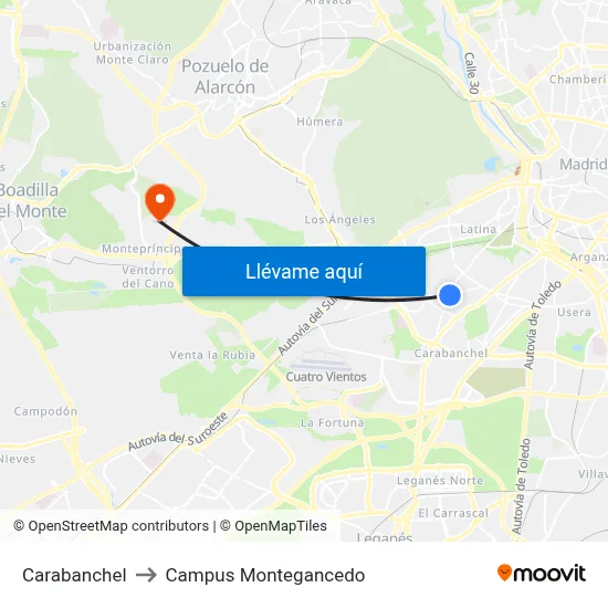Carabanchel to Campus Montegancedo map