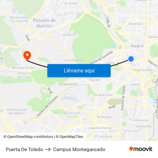 Puerta De Toledo to Campus Montegancedo map