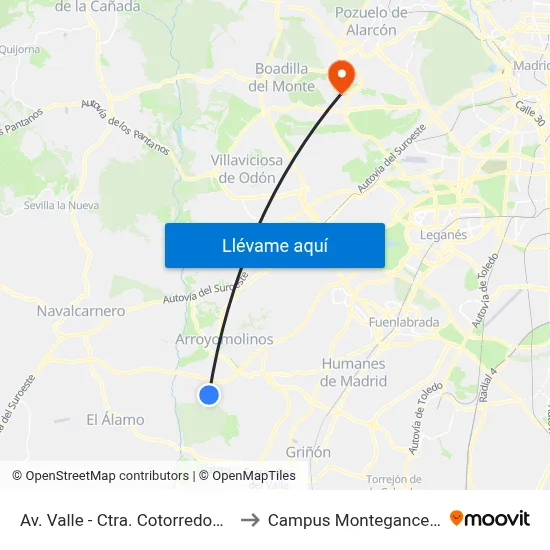 Av. Valle - Ctra. Cotorredondo to Campus Montegancedo map