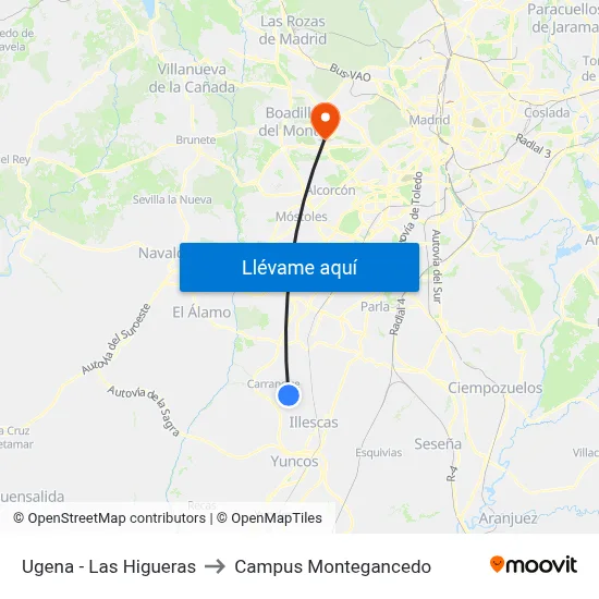Ugena - Las Higueras to Campus Montegancedo map