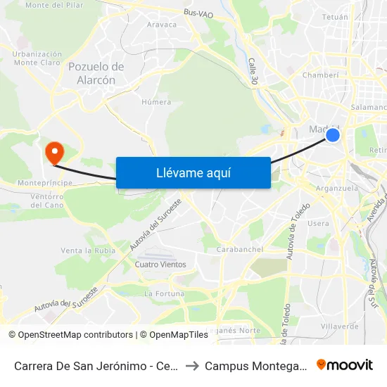 Carrera De San Jerónimo - Cedaceros to Campus Montegancedo map