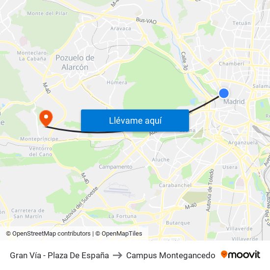 Gran Vía - Plaza De España to Campus Montegancedo map