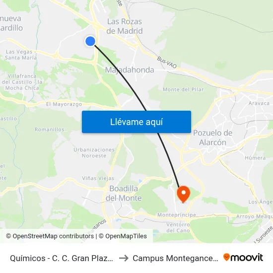 Químicos - C. C. Gran Plaza 2 to Campus Montegancedo map