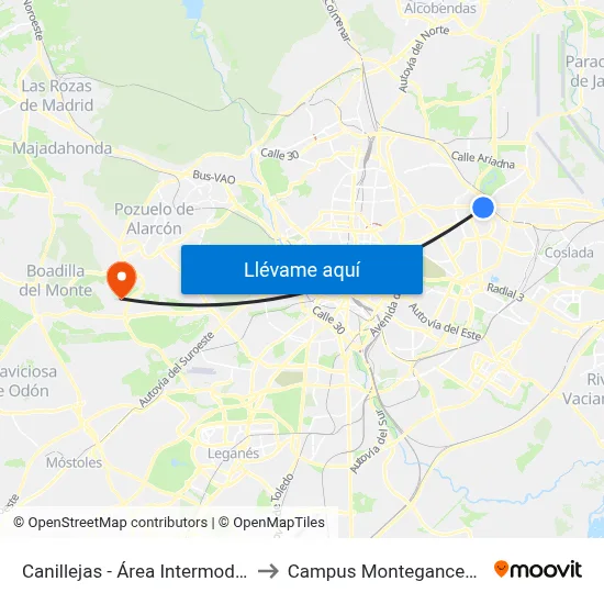 Canillejas - Área Intermodal to Campus Montegancedo map