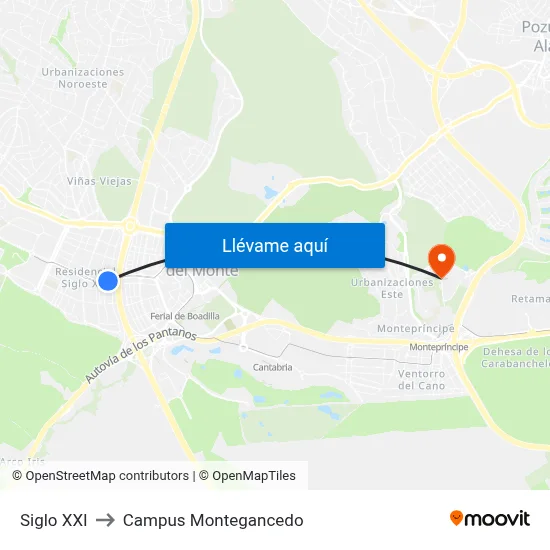 Siglo XXI to Campus Montegancedo map