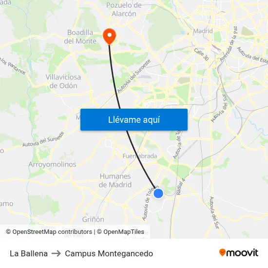 La Ballena to Campus Montegancedo map