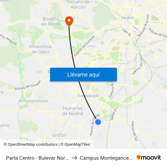 Parla Centro - Bulevar Norte to Campus Montegancedo map