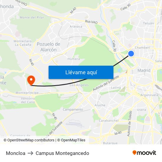 Moncloa to Campus Montegancedo map