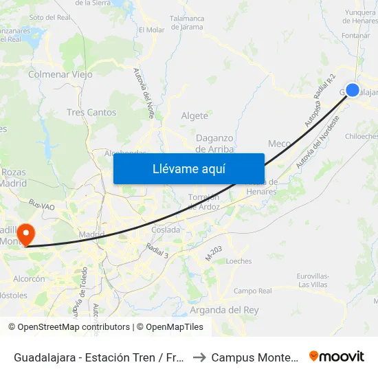 Guadalajara - Estación Tren / Francisco Aritio to Campus Montegancedo map