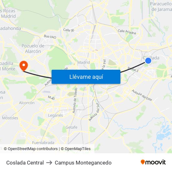 Coslada Central to Campus Montegancedo map